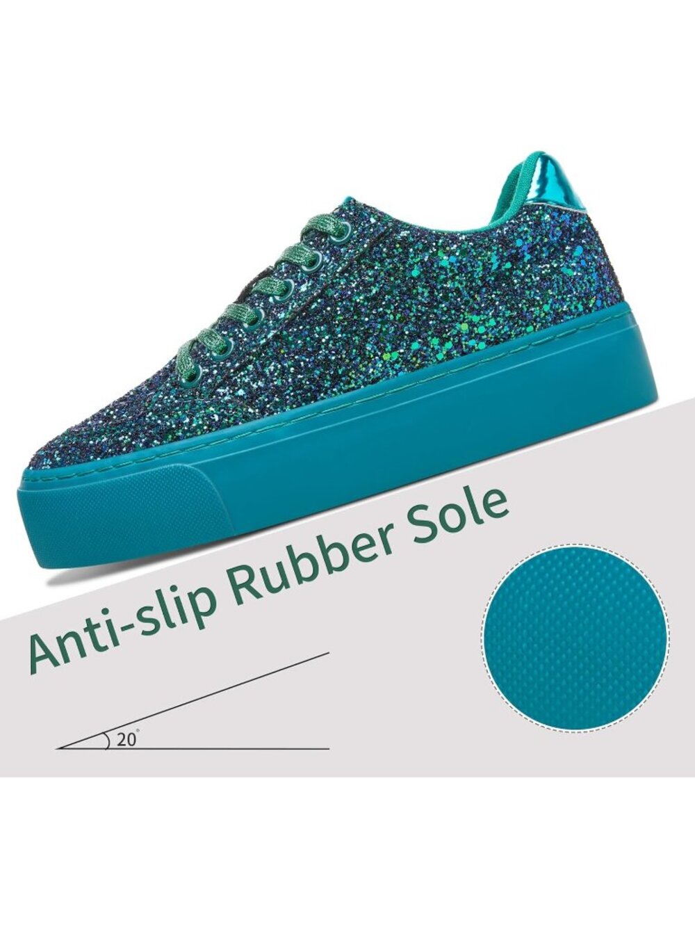 Women's Green Glitter Shiny Sequin Sparkly Bling Thick Sole Walking Sneakers - Picture 5 of 6